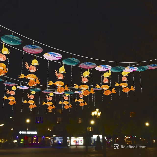 Hanging Garden Ornaments With Fish Shaped Lotus Leaf Shaped Decor In Nighttime Illuminated Outdoor Area 3d model 