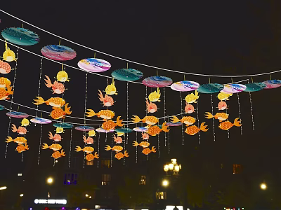 Hanging Garden Ornaments With Fish Shaped Lotus Leaf Shaped Decor In Nighttime Illuminated Outdoor Area 3d model