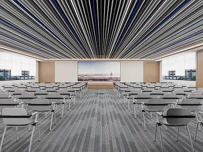 Modern Conference Room Interior With Arranged Seats Large Screen And Spacious Ceiling Design 3d model