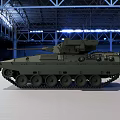 Green Military Tracked Armored Vehicle With Turret Cannon In Indoor Hangar