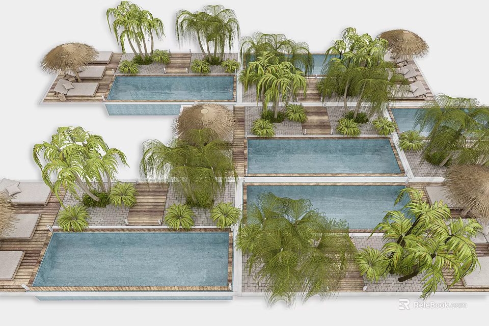 Tropical Courtyard Garden Design With Multiple Pools Palm Trees And Thatched Shelters 3d model 