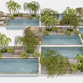 Tropical Courtyard Garden Design With Multiple Pools Palm Trees And Thatched Shelters