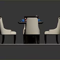 Elegant Black Dining Table With Six White Padded Chairs On White Mat And Tableware