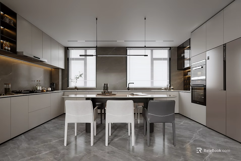 Modern Open Plan Kitchen Dining Room Interior With Cabinets Dining Table Chairs And Hanging Lights 3d model 