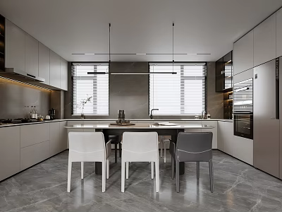 Modern Open Plan Kitchen Dining Room Interior With Cabinets Dining Table Chairs And Hanging Lights 3d model