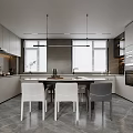 Modern Open Plan Kitchen Dining Room Interior With Cabinets Dining Table Chairs And Hanging Lights