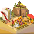 Cartoon Style Oil Mining Scene Featuring Pumpjack Oil Tank Small Building Layered Ground Underground Trees