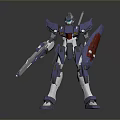 Game and Movie Character Futuristic Mech with Blue Purple Armor Red Shield and White Legs