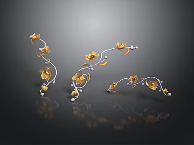 Golden Flowering Plants with Curved Silver Vines on Black Background and Shiny Reflections 3d model