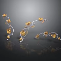 Golden Flowering Plants with Curved Silver Vines on Black Background and Shiny Reflections