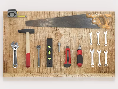 Essential Hardware Tools Including Saw Hammer Wrenches Level And Screwdrivers On Wooden Board 3d model