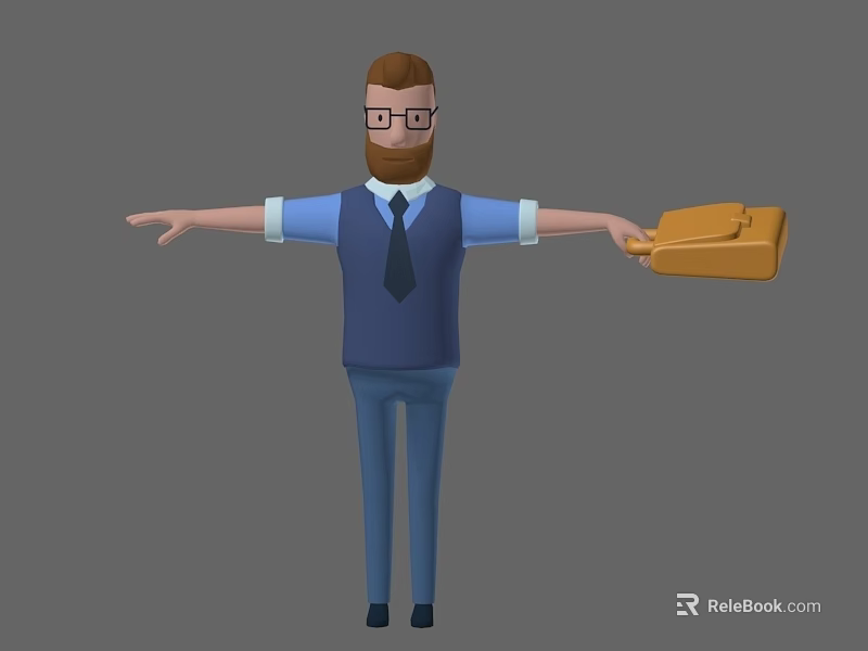Bearded Man With Glasses Wearing Blue Vest Shirt And Tie Holding Brown Briefcase Arms Outstretched 3d model 