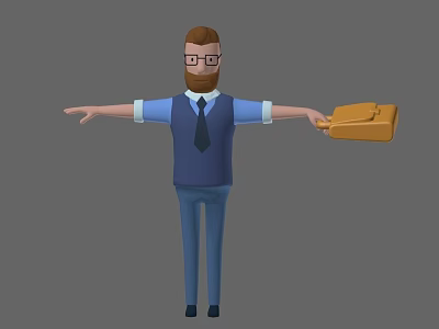 Bearded Man With Glasses Wearing Blue Vest Shirt And Tie Holding Brown Briefcase Arms Outstretched 3d model