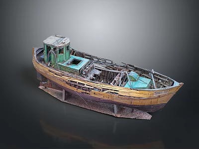 Abandoned Wooden Boat With Worn Out Hull And Weathered Deck Structure 3d model