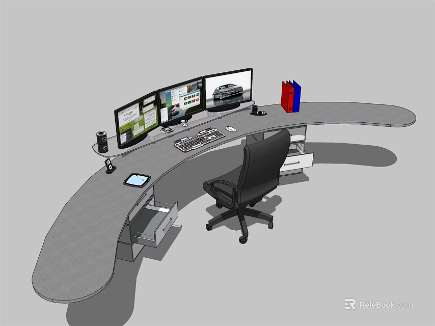 Modern Curved Office Desk with Multiple Monitors Keyboard Mouse Tablet Office Chair and Colorful Folders 3d model 