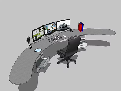 Modern Curved Office Desk with Multiple Monitors Keyboard Mouse Tablet Office Chair and Colorful Folders 3d model