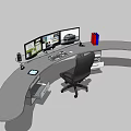 Modern Curved Office Desk with Multiple Monitors Keyboard Mouse Tablet Office Chair and Colorful Folders