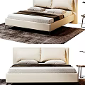 Modern Beige Double Bed With Upholstered Headboard Pillows Blanket And Side Table Rug 3d model