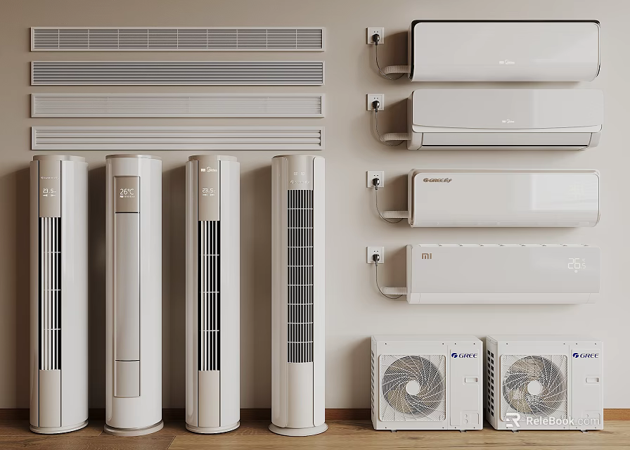 Different Types of Air Conditioner Air Vents Including Standing and Wall Mounted Units 3d model 
