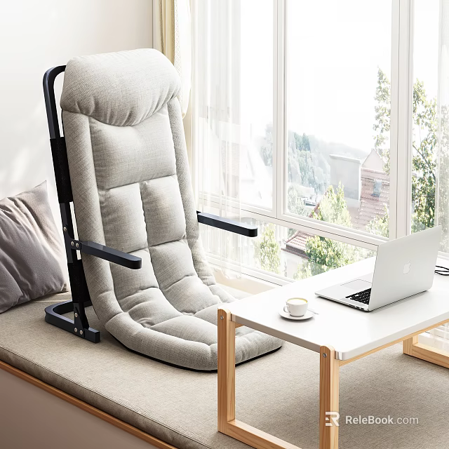 Light Gray Lounge Chair Near Window With Home Office Setup 3d model 