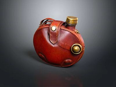 Vintage Red Leather Flask With Golden Cap Round Metal Buckle And Stitches Design 3d model