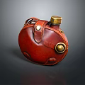 Vintage Red Leather Flask With Golden Cap Round Metal Buckle And Stitches Design