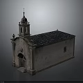 Traditional Church Building With Steeple Cross Black Tiled Roof And Arched Stone Doorway