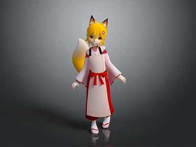 Anime Style Game And Movie Character With Fox Ears Tail And Red White Kimono 3d model