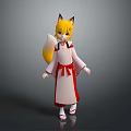 Anime Style Game And Movie Character With Fox Ears Tail And Red White Kimono