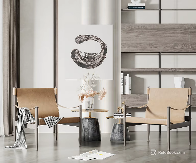 Tan Leisure Chairs With Metal Frames Small Side Tables Vases Dried Flowers And Decorative Painting 3d model 