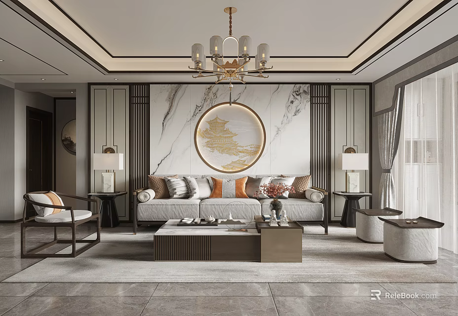 Elegant Modern Living Room Interior With Marble Backdrop Circular Decoration Sofa And Chandelier 3d model 