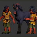 Fantasy Character Scene With Two Red Skinned Figures Purple Unicorn Yellow Shirts Green Pants