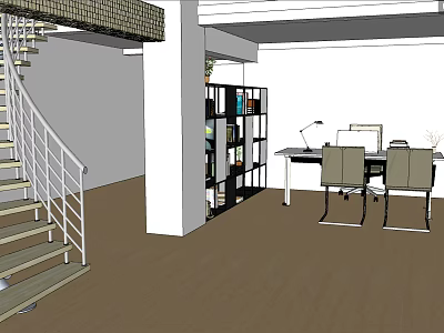Modern Office Space with Open Layout Staircase Bookshelf and Desk Chairs Setup 3d model