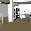Modern Office Space with Open Layout Staircase Bookshelf and Desk Chairs Setup