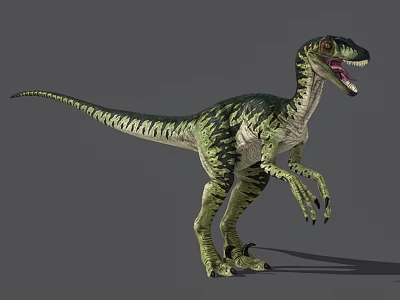 Green Black Striped Reptile Dinosaur Standing With Open Mouth And Long Tail 3d model