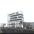 Modern Office Building Exterior With Glass Curtain Wall Unique Structure Plaza Trees And Evening Sky