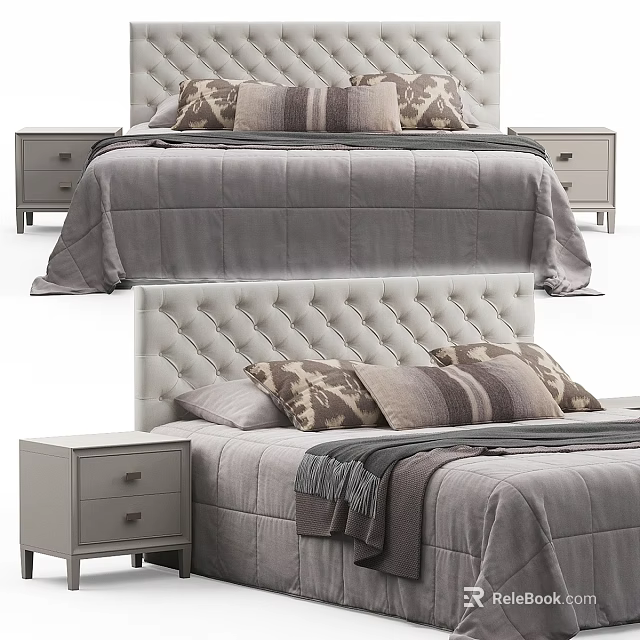 Elegant Gray Double Bed With Tufted Headboard Matching Nightstands And Decorative Pillows 3d model 