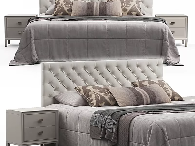 Elegant Gray Double Bed With Tufted Headboard Matching Nightstands And Decorative Pillows 3d model