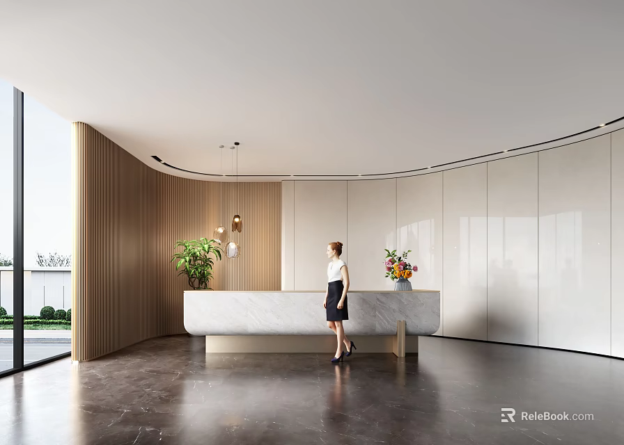 Modern Front Desk Reception Area With Curved Counter Green Plants And Staff Member 3d model 