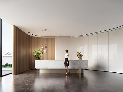 Modern Front Desk Reception Area With Curved Counter Green Plants And Staff Member 3d model