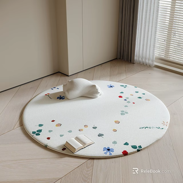 Soft Round Carpet with Colorful Flower Patterns and a Book for Cozy Living Room Corner 3d model 