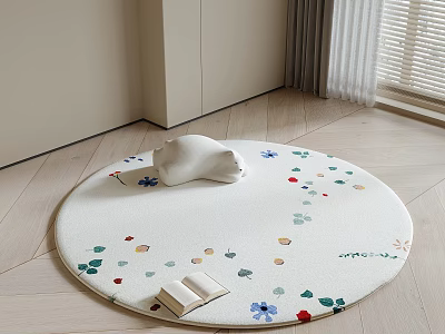 Soft Round Carpet with Colorful Flower Patterns and a Book for Cozy Living Room Corner 3d model