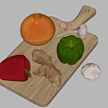 Fresh Vegetables Onion Garlic Red Bell Pepper Ginger Green Bell Pepper On Wooden Cutting Board