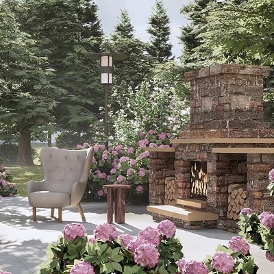 Courtyard Garden Design With Stone Fireplace Cozy Chair Pink Flowers Outdoor Lamp And Trees 3d model