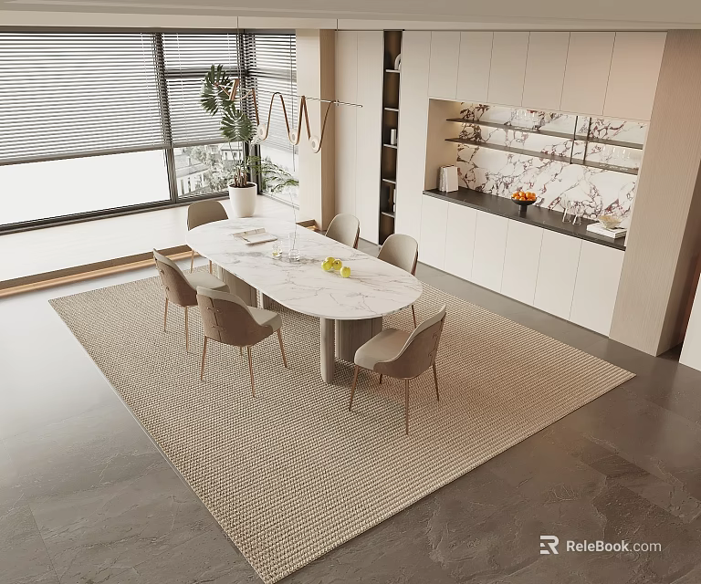 Modern Dining Room Interior Featuring Oval Dining Table Chairs Woven Rug And Large Windows 3d model