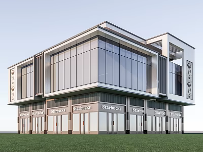 Modern Commercial Complex with Glass Curtain Walls Ground Floor Shops and Green Lawn 3d model