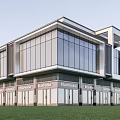 Modern Commercial Complex with Glass Curtain Walls Ground Floor Shops and Green Lawn