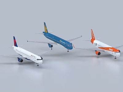 Three Different Colored Passenger Airplanes Displayed In A Row On Gray Background 3d model