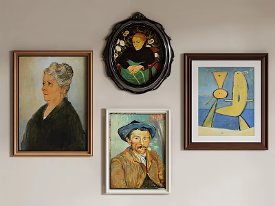 Framed Artworks Including Portraits And Abstract Paintings Hanging On Wall 3d model