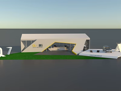 Modern White Geometric Building With Green Lawn And Outdoor Seating Space 3d model